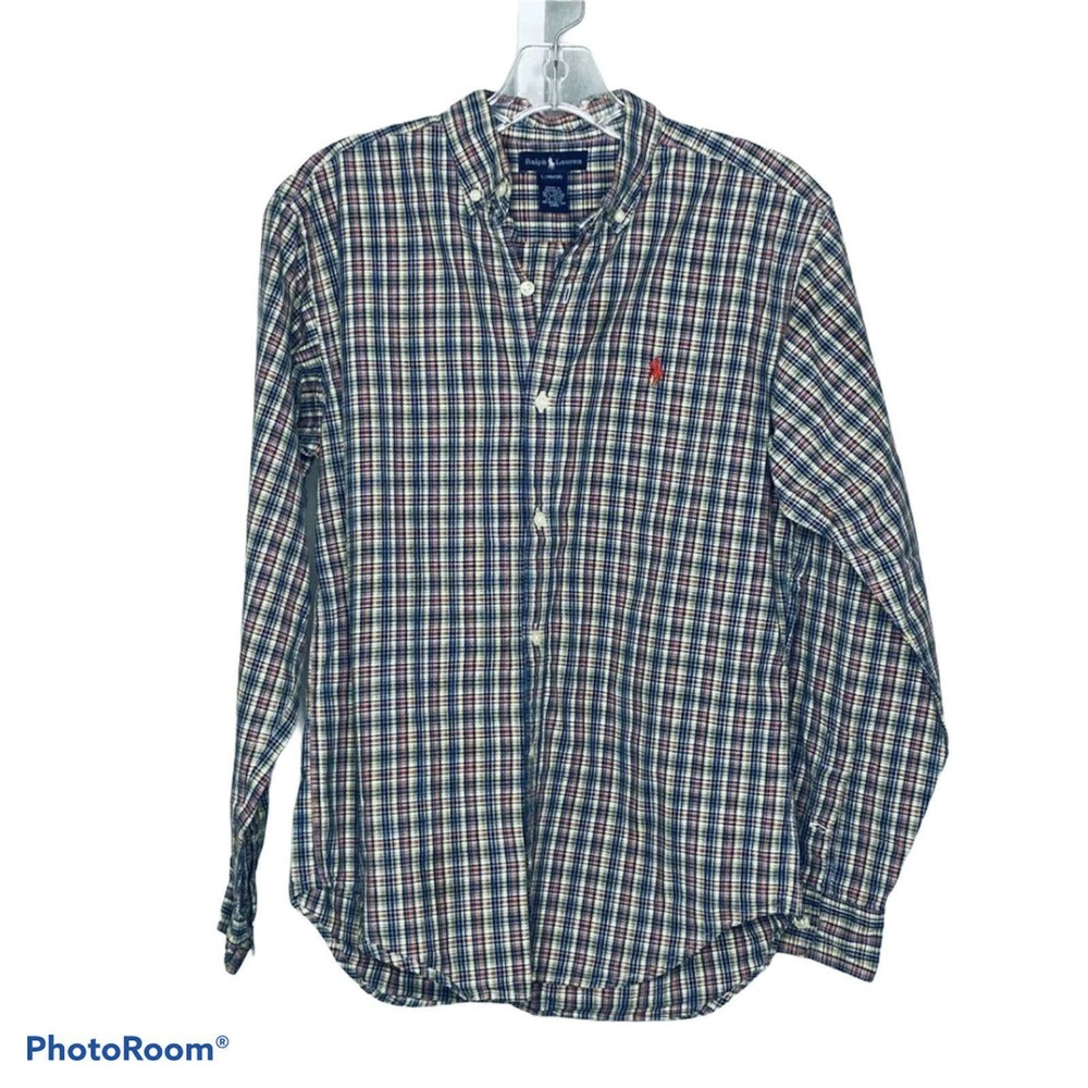 Ralph Lauren Boys Button Front Shirt Yellow Red Plaid Collared Oxford Size Large
